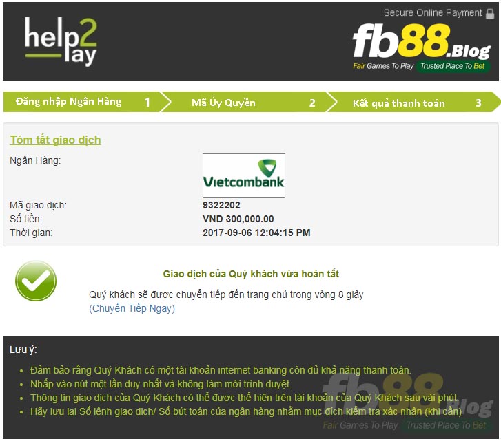 Hướng dẫn gửi tiền FB88 qua Help2Pay